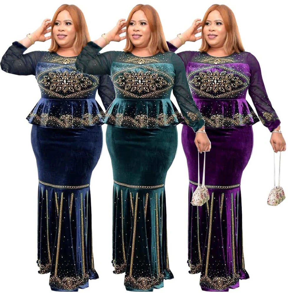 Md African Women Plus Size Velvet Dresses Dubai Luxury Evening Mermaid Dress Ankara Dashiki Long Sleeve Robe Traditional Outfit