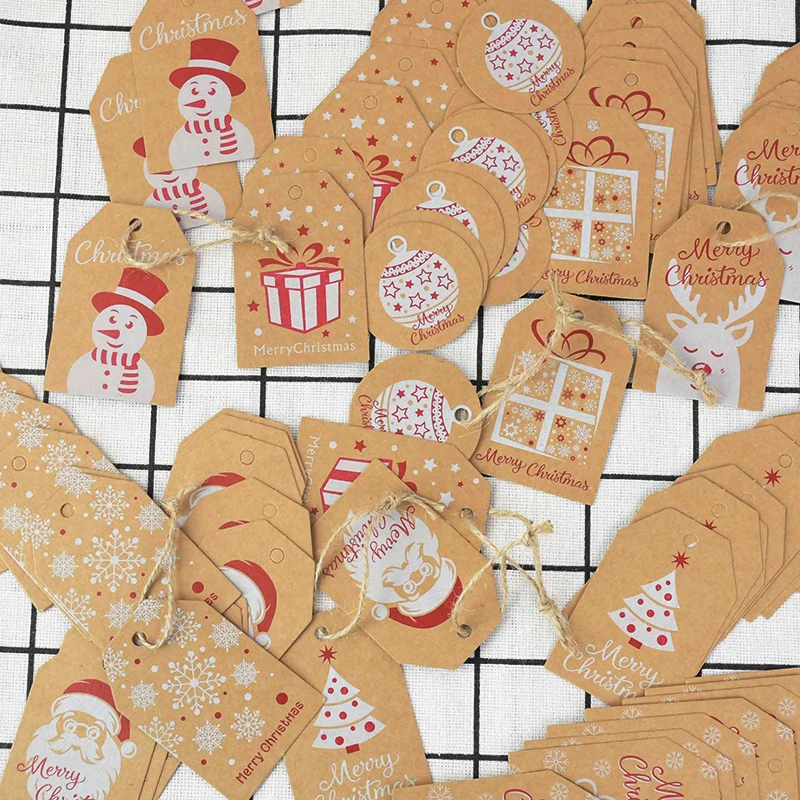 

100Pcs Christmas Gift Labels Tags Letter Santa Snowman Elk Pattern Tags For New Year Kids Gift Decor Home Xmas Tree Ornament