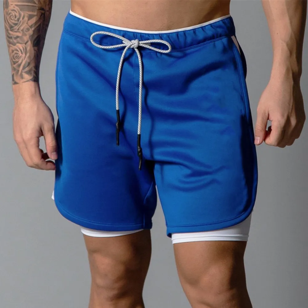 Blue (Solid color) Новинка, шорты для спортзала, мужские, 2 в 1, двухслойные, короткие штаны, для фитнеса, бега, тренировки, бермуды, мужские, летние, быстросохнущие, дышащие, пляжные шорты - Цвет: Blue (Solid color)