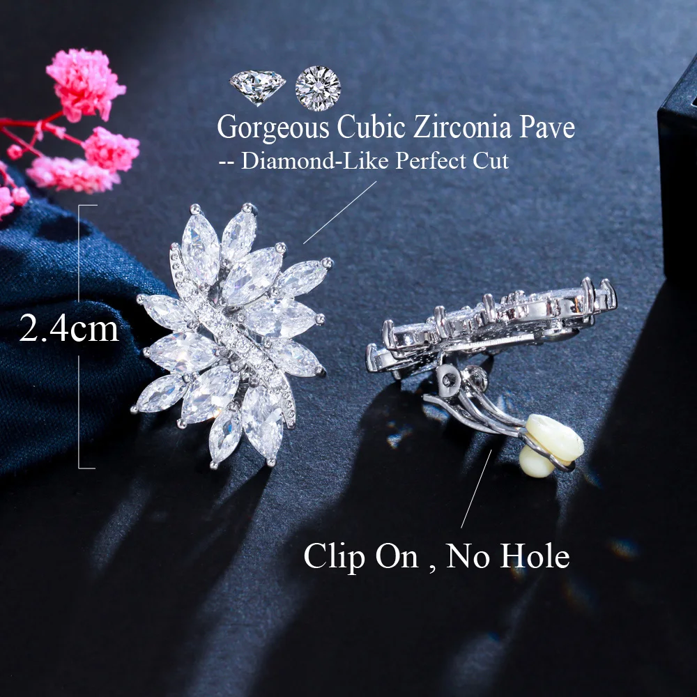 CWWZircons Classic Flower Shape CZ Stones Silver Color No Pierced Hole Ear Clip On Earrings Jewelry for Women CZ160 5