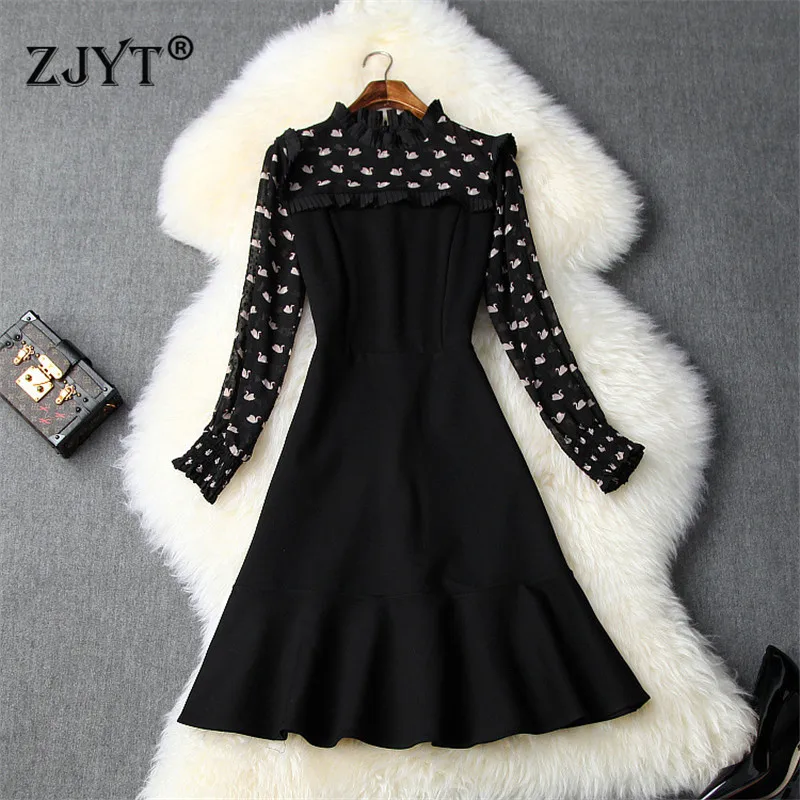 High Fashion Autumn Winter Dresses for Women New Elegant Clothes Long Sleeve Ruffle Print Patchwork Casual Dress Black