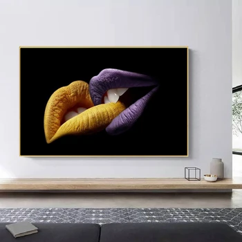 

Creative Yellow and Purple Lips Canvas Wall Art Paintings Decorative Fashion Love Kiss Posters Prints for Living Room Home Decor