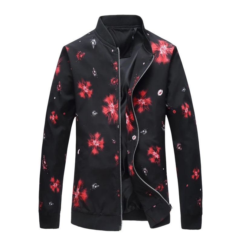 

Rose personality pattern color matching stitching jacket, men's large size loose collar casual wild flower coat S-6XL