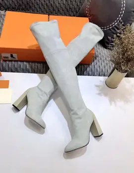 

New Suede Stretch Over the Knee High Boots Women Hoof Heels Slim Fit Long Boots High Heel Party Shoes Black Ankle Boots Women