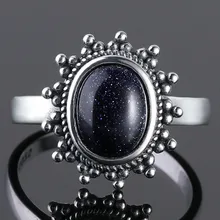 100% Sterling Silver Ring New Classic Blue Sandstone Gemstone Goose Stone Ring 7x9 Europe Retro Thai Silver Exaggerated