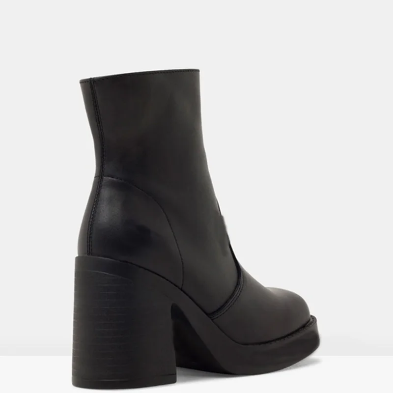 Ceny Czarne krótkie kozaczki na platformie grube wysokie obcasy zamek duży rozmiar 44 45 damskie buty zimowe buty ciepła moda kwadratowy nosek Shofoo