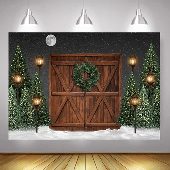 

Christmas Photography Backdrop Photo Studio Winter Portrait Photo Background Wood Door Snow Christmas Trees Starry Sky Photocall