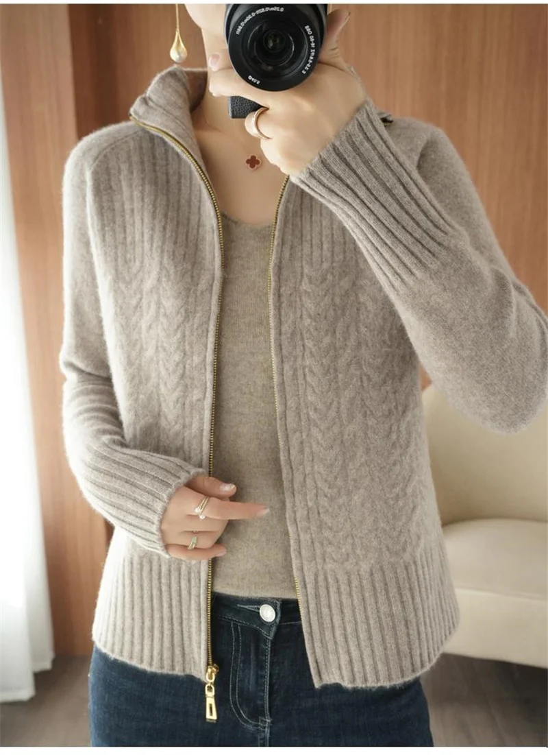 Zipper Knitted Sweater Cardigan Women Stand-Up Collar Loose Cable  Solid Knit Sweater Jacket Female Student Tops Autumn Red Pink