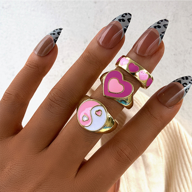 Heart Y2K Ring Set Open Cooper Rings For Women Candy Color Hand-painted Knuckle Rings Jewelry
