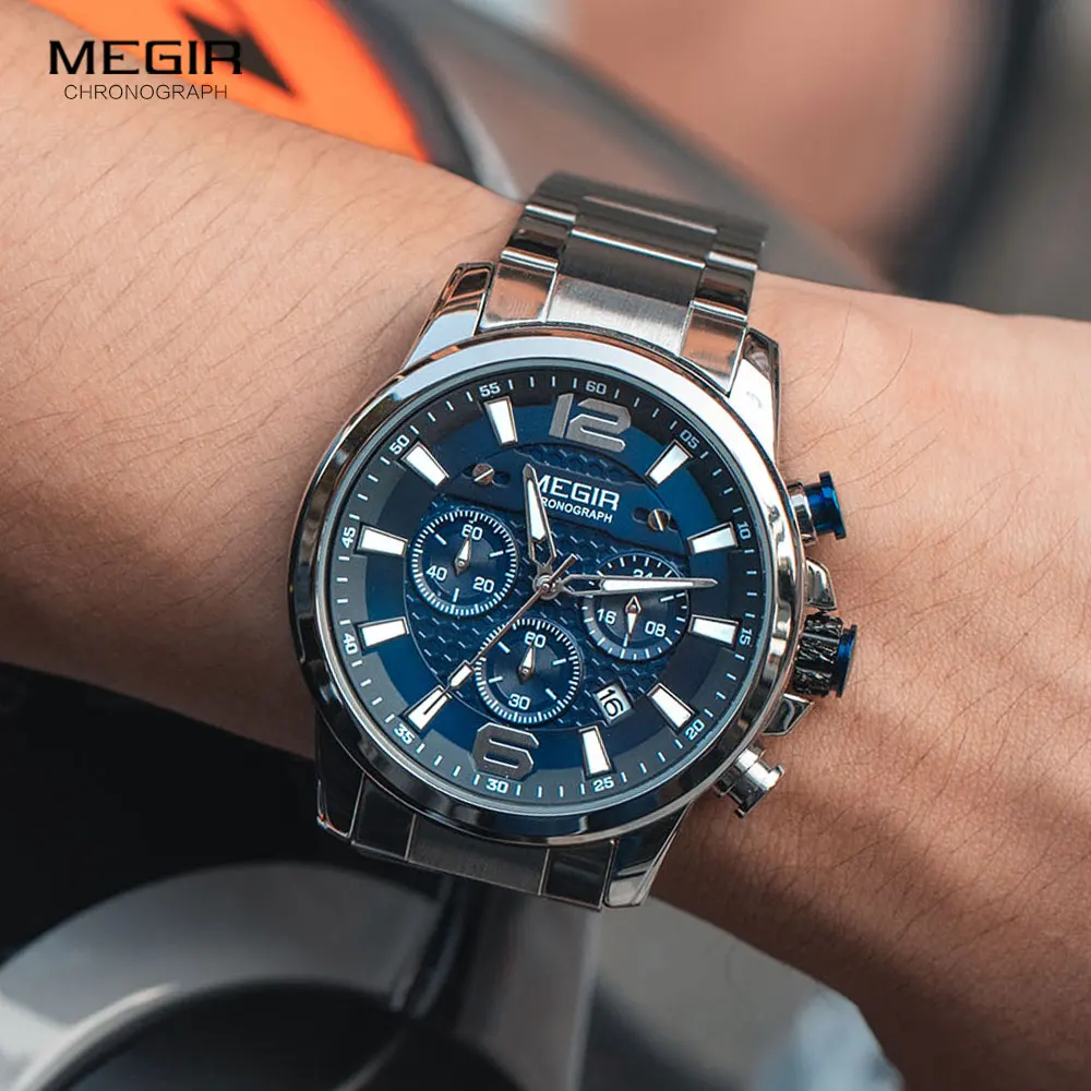 Megir Orologio Uomo Cronografo – Militare Casual – Movimento Al Quarzo – Blu – 46 Mm – 3 ATM