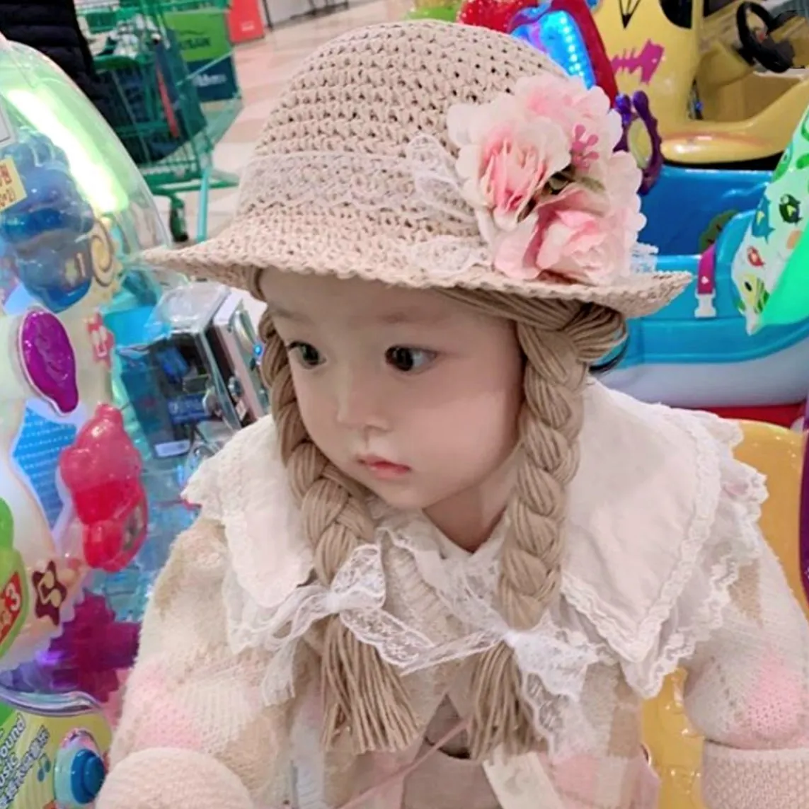 Spring Summer Baby Kids Girl Sun Block Hat Beach Hair Pigtail Braid Wig Cap Children Girls Flower Straw Hat Cap New Arrivals