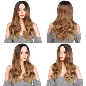 Stamped Glorious Natural Wave Wig Ombre Black Brown Wig Synthetic Long Wigs for Women Middle Part Heat Resistant Fiber Hair 2