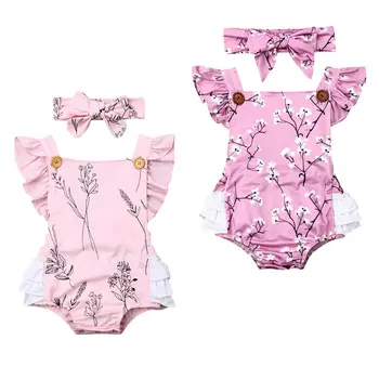 

Newborn Baby Girl Outfit 2Pcs Ruffle Tutu Print Sleeveless Jumpsuit Headband Fashion Infant Girl Clothes