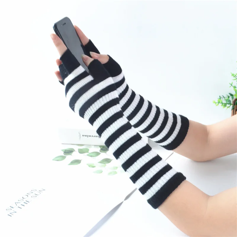 Black White Stripes Long Gloves Women Fashion Winter Long Design Stripes Mittens& Gloves Female Warm Stripes Fingerless Gloves