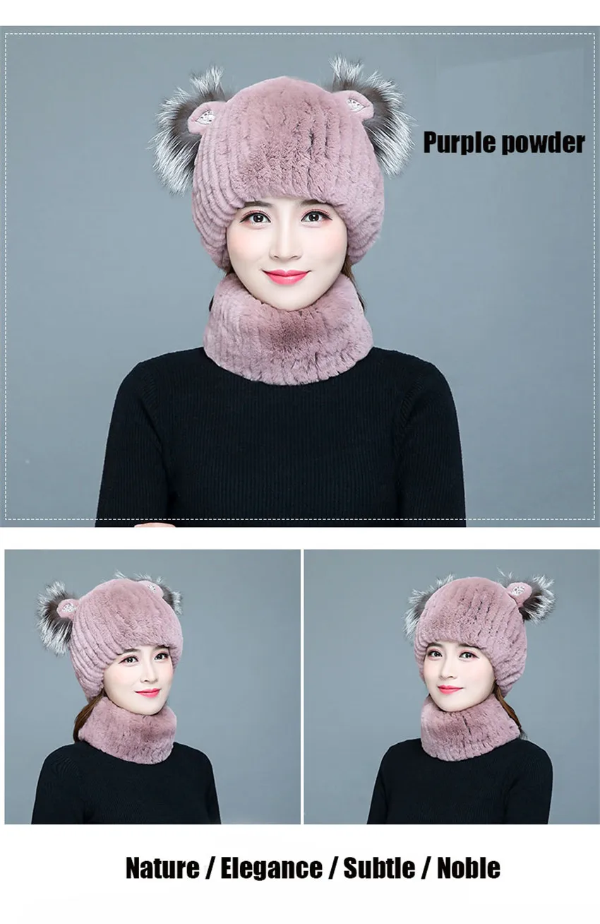 Комплект из шапки и шарфа из кроличьего меха, шапочка с кошачьими ушками и теплый шарф, женский комплект из шапки и шарфа