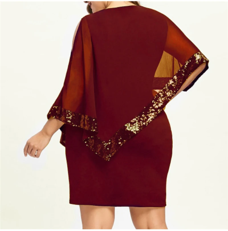 New Fashion Women's O Neck Cloak Sleeve Dress Sequined Slim Dress Ladies Casual Mini Dress Evening Party Dress Summer Plus Size