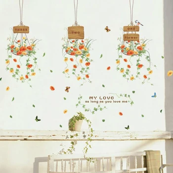 

Painted Colorful Hanging Flower Basket Wall Stickers DIY Living Room Kitchen Window Glass Decorative Plants Decals Waterproof