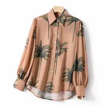 

2020 New Women palm tree print Women's Blouse lady turn-down collar puff sleeves vintage shirt Female single-breasted top