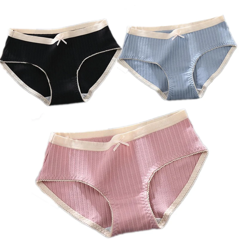 3 шт./партия, женское нижнее белье, сексуальные кружевные хлопковые трусы, трусы, Одноцветный полосатый комплект, кружевные трусики, женские шорты, трусы - Цвет: PK BK BU