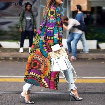 

Lugentolo Long Coat Women Print Pattern Spring Turn-down Collar Single Breasted Slim Office Lady Casual Fashion Womens Coat