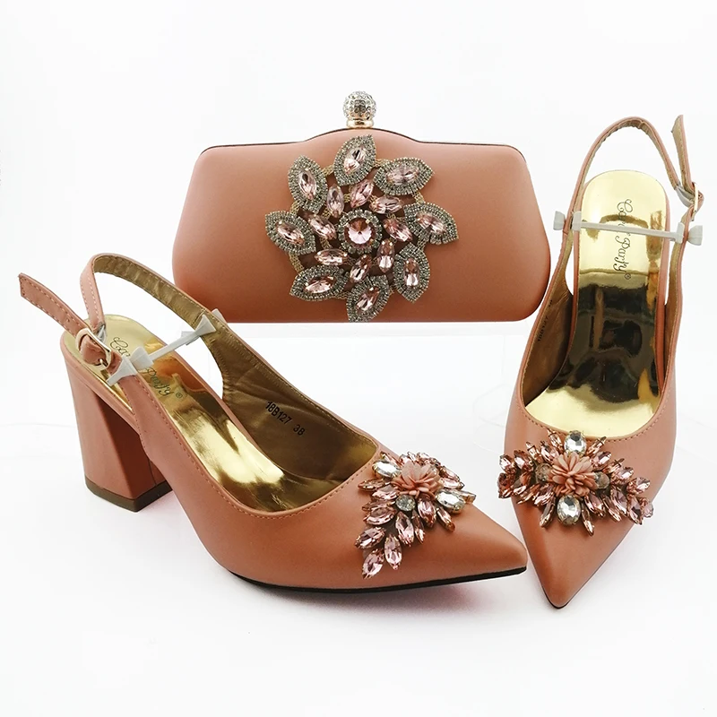 

Peach color bling bling shoes matching bag set high quality 2019 italian shoes and bag matching set hot sales SB8443-8