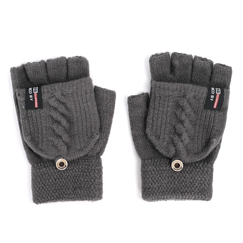 Новые зимние шерстяные вязаные перчатки для женщин и мужчин, на пуговицах, с открытыми пальцами, перчатки, теплые, вязаные крючком, вязаные варежки, перчатки с откидным верхом, мягкие - Цвет: Dark Gray