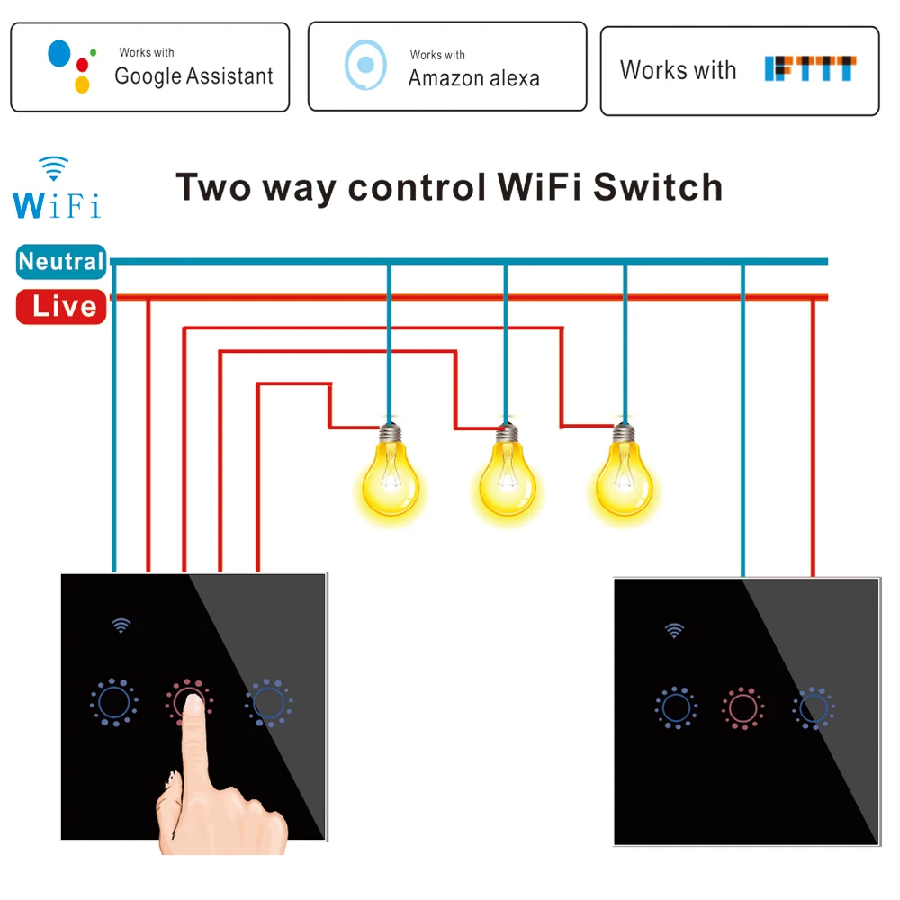 2way светильник, Интеллектуальный беспроводной wifi сенсорный настенный переключатель, умный переключатель ewelink tuya app alexa, голосовое управление, сенсорный настенный переключатель