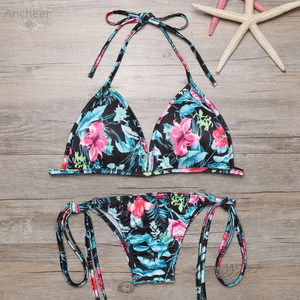 

Women Split Swimwear Bikini Set Tropical Leave Print Bottom Top Female Brazilian Bather Suit Swimsuit Swim Maillot Tankini