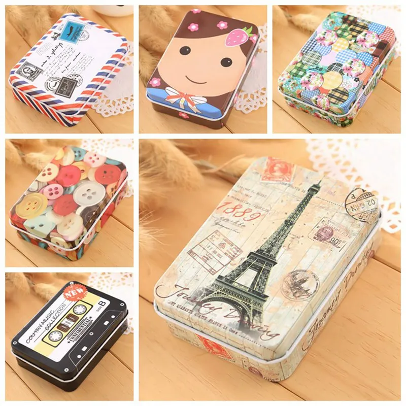 

Vintage Cartoon Tin Box Rectangle Slide Mini Tea Candy Cookies Storage Box Small Mac Makeup Jewelry Case Gift Boxes