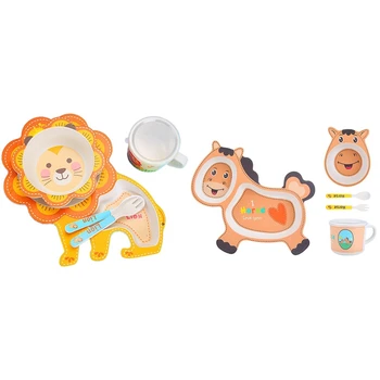 

2 Set Baby Feeding Dishes Kids Dish Bamboo Fiber Dinnerware Set with Bowl Fork Cup Spoon Plate-Orange Lion & Orange Pony