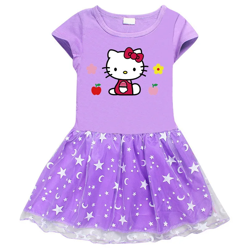 thumbnail image 1 of Hello Kitty nuevo vestido de estilo europeo y americano para niñas falda de princesa de manga corta de hilo de red de estrella y Luna de algodón para niños, 1 of 4