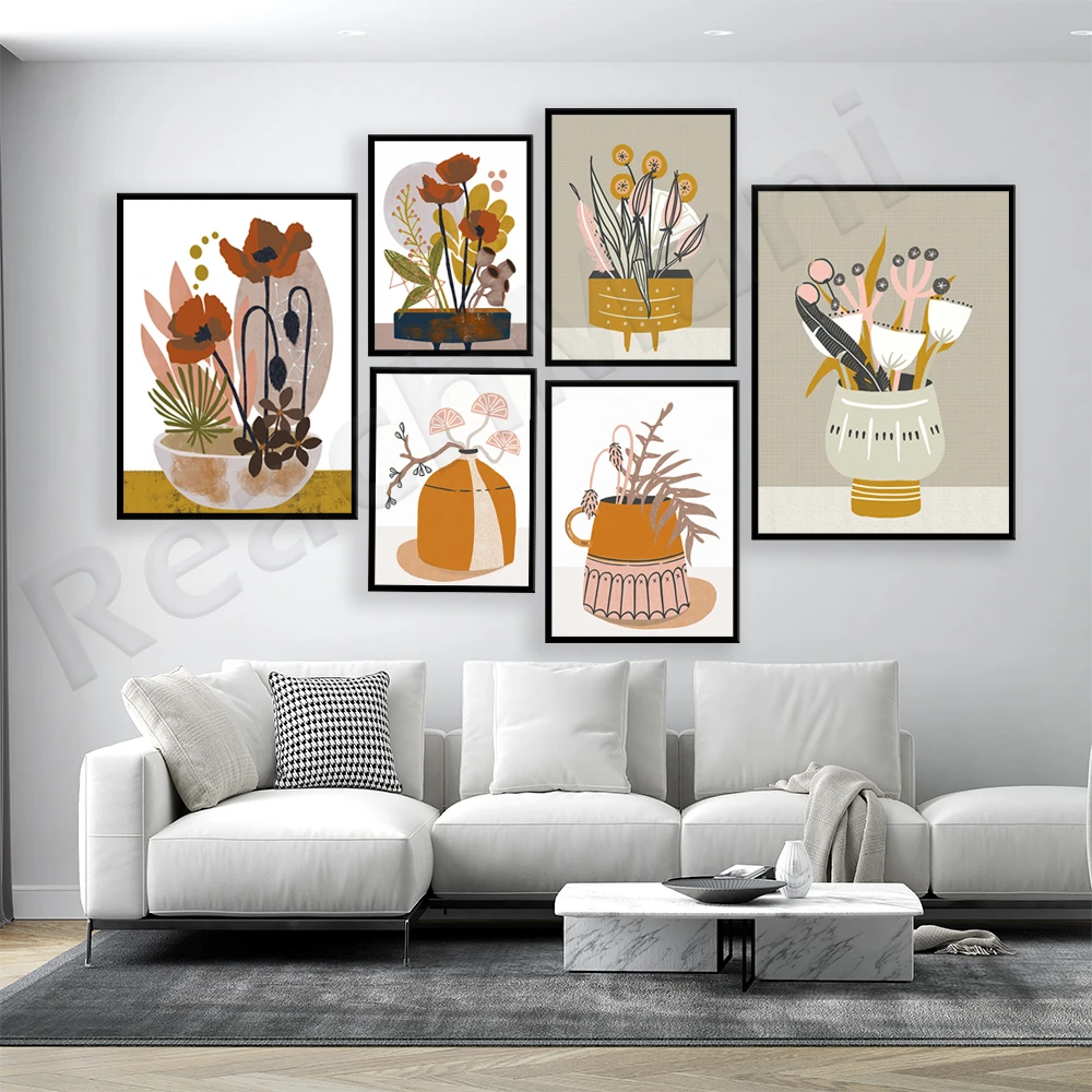 

Floral art prints, poppy art, Japanese wabi-sabi paintings, folk art Scandinavian modern botanical print posters