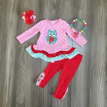 Valentijnsdag baby meisjes kinderen kleding set outfits boutique roze uil liefde hartvorm ruches broek katoen match accessoire