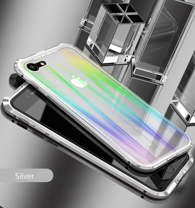 LUPHIE Магнитный чехол с лазером Авроры для iPhone XS X 8 7 Plus, Магнитный чехол s, прозрачная стеклянная задняя крышка для iPhone 7 8, металлический бампер