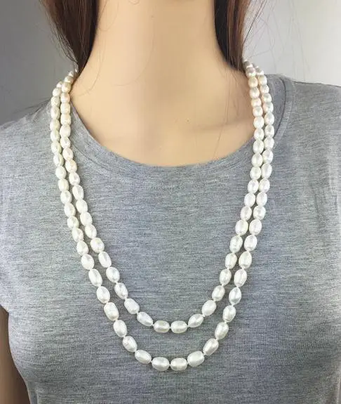 

Favorite Pearl Necklace 60inches 10mm Rice Freshwater Pearls Long Necklace Handmade Fashion Jewelry Charming Women Gift