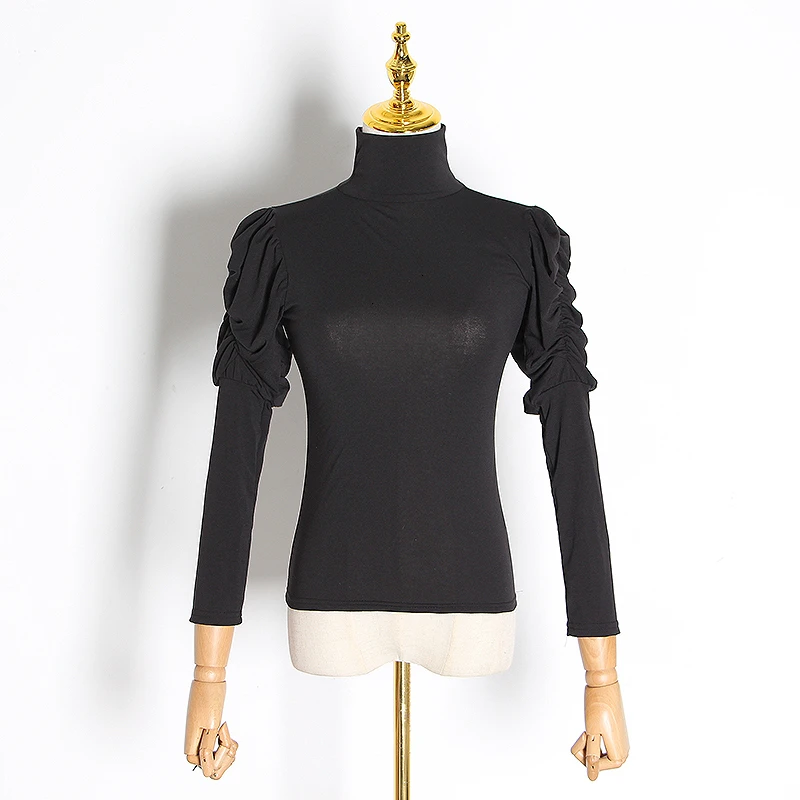GALCAUR Minimalist Ruched T-shirt For Female Turtleneck Puff Long Sleeve Autumn Slim T Shirt Women Fashion Clothes New