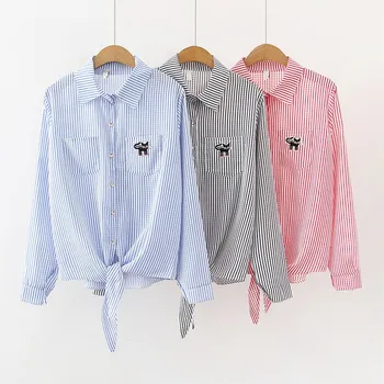

Cute Blouse Women Vintage Stripes Print Shirt Loose Single-breasted Student Style Fall Long Sleeve Blouses Blusas Mujer De Moda