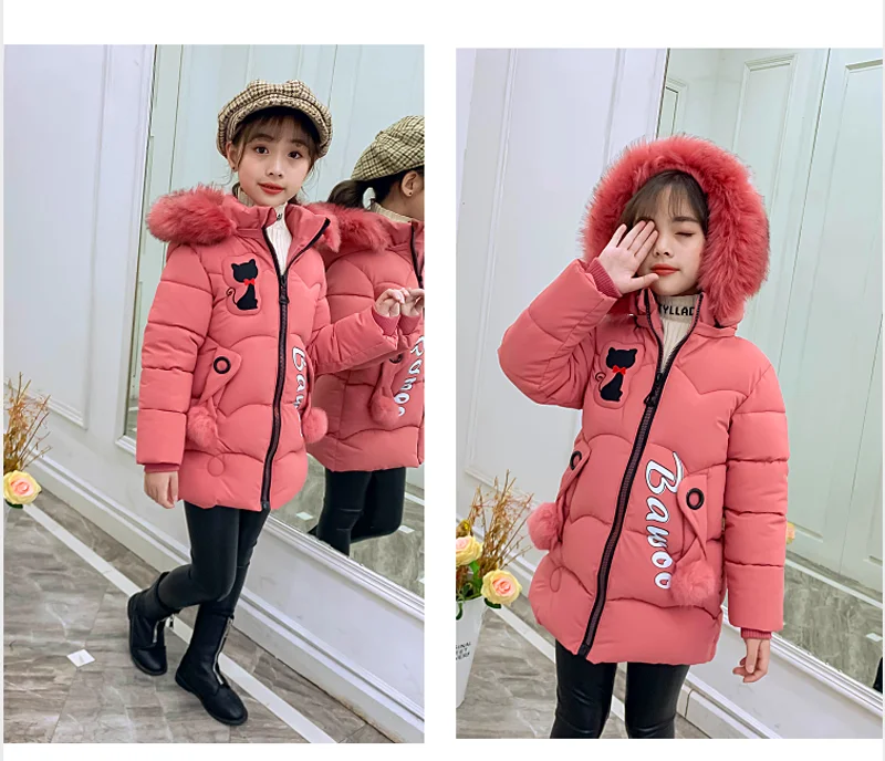 2-13Yrs Kids Winter Parkas Girl Warm Jacket Baby Bow Cat Coat Thick Fur Hooded Christmas Outerwear Kids Winter Clothes-30degree