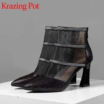 

Krazing pot new sheep leather air mesh zip pointed toe high heels rhinestone shiny sunscreen high quality ankle summer boots L92