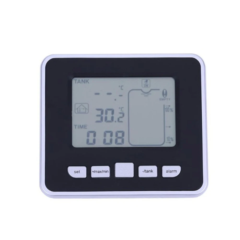 

Ultrasonic Water Tank Level Meter Temperature Sensor Low battery Liquid Depth Indicator Time Alarm Transmitter Measuring Tools