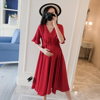 

9018 2020 Summer New Korean Fashion Maternity Party Long Dress V Neck Drawstring Slim Waist Clothes for Pregnant Women Pregnancy
