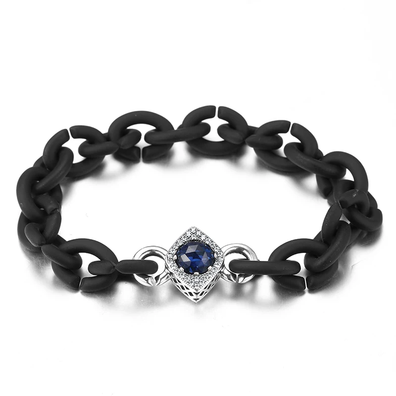 Индивидуальность Простой Привлекательный стерлингового серебра 925 пробы глубокие циркониевые бусы браслет женский черный Жесткий резиновые браслеты женские ювелирные изделия Вечерние