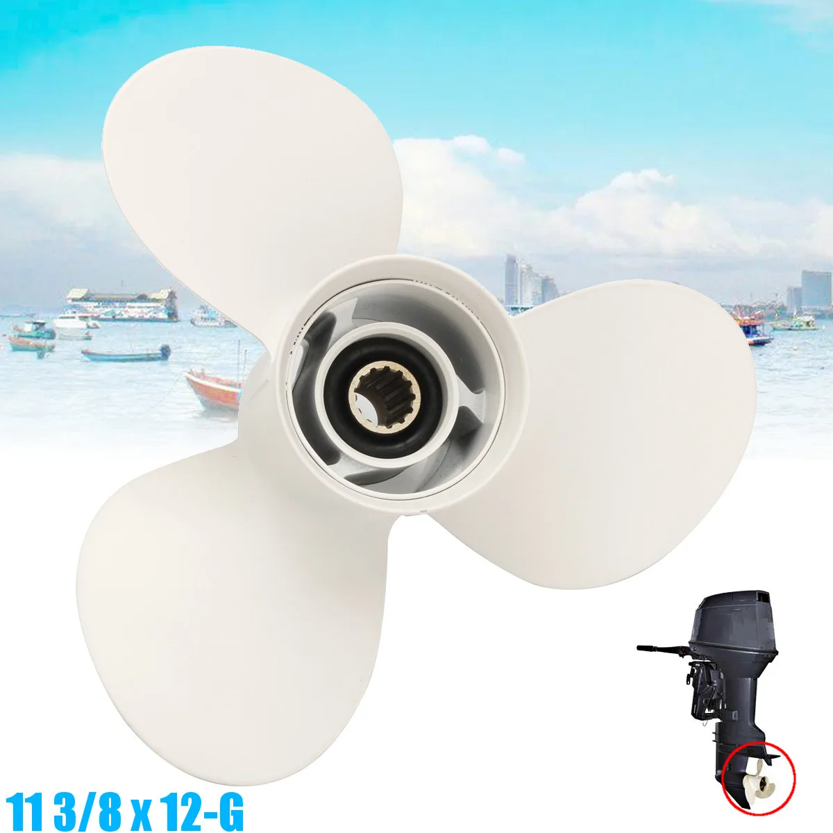 

11 3/8X12 Boat Outboard Propeller For Yamaha 40 48 50 55 60HP Aluminum 13 Spline Tooths Diameter 90mm White 3 Blades