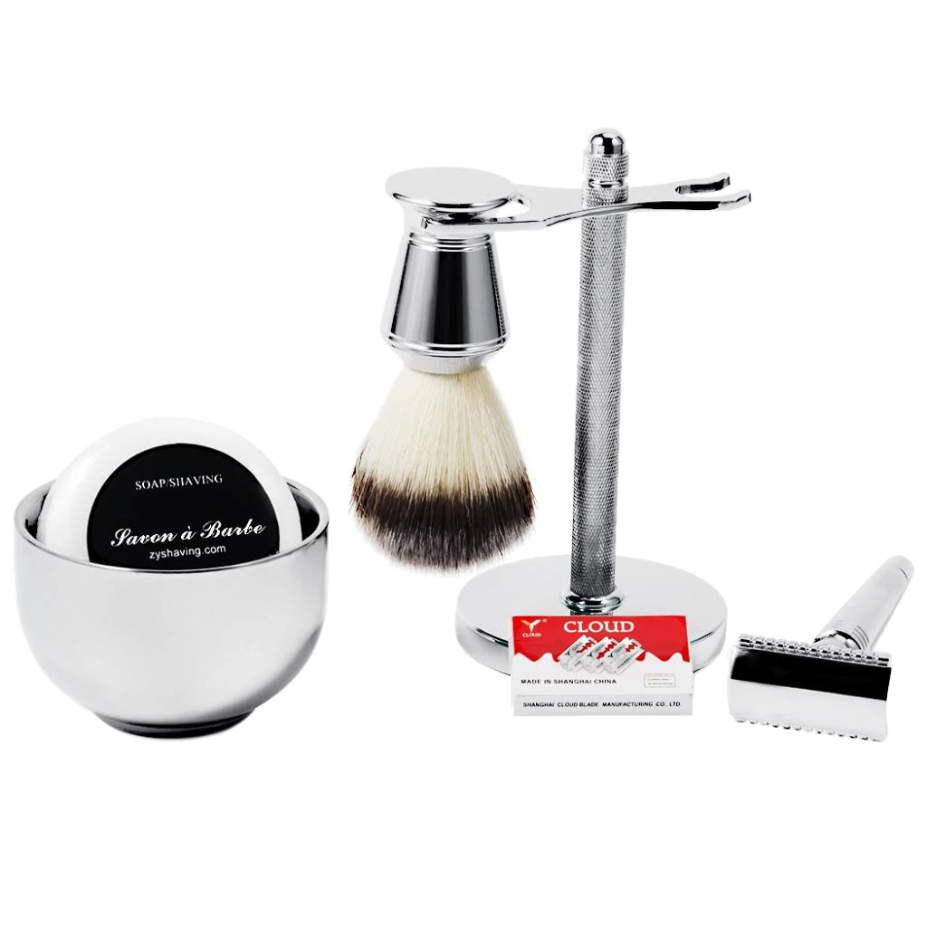 Classic Men`s Shaving Set Safety Shaving Brush Holder, Alloy & Nylon Shave Mug Soap Gift Kit