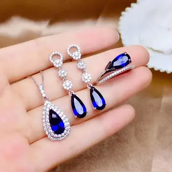 

Real Natural Sapphire jewelry set Natural Real Sapphire 925 sterling silver 1pc pendant,1pc ring,2pcs Earring