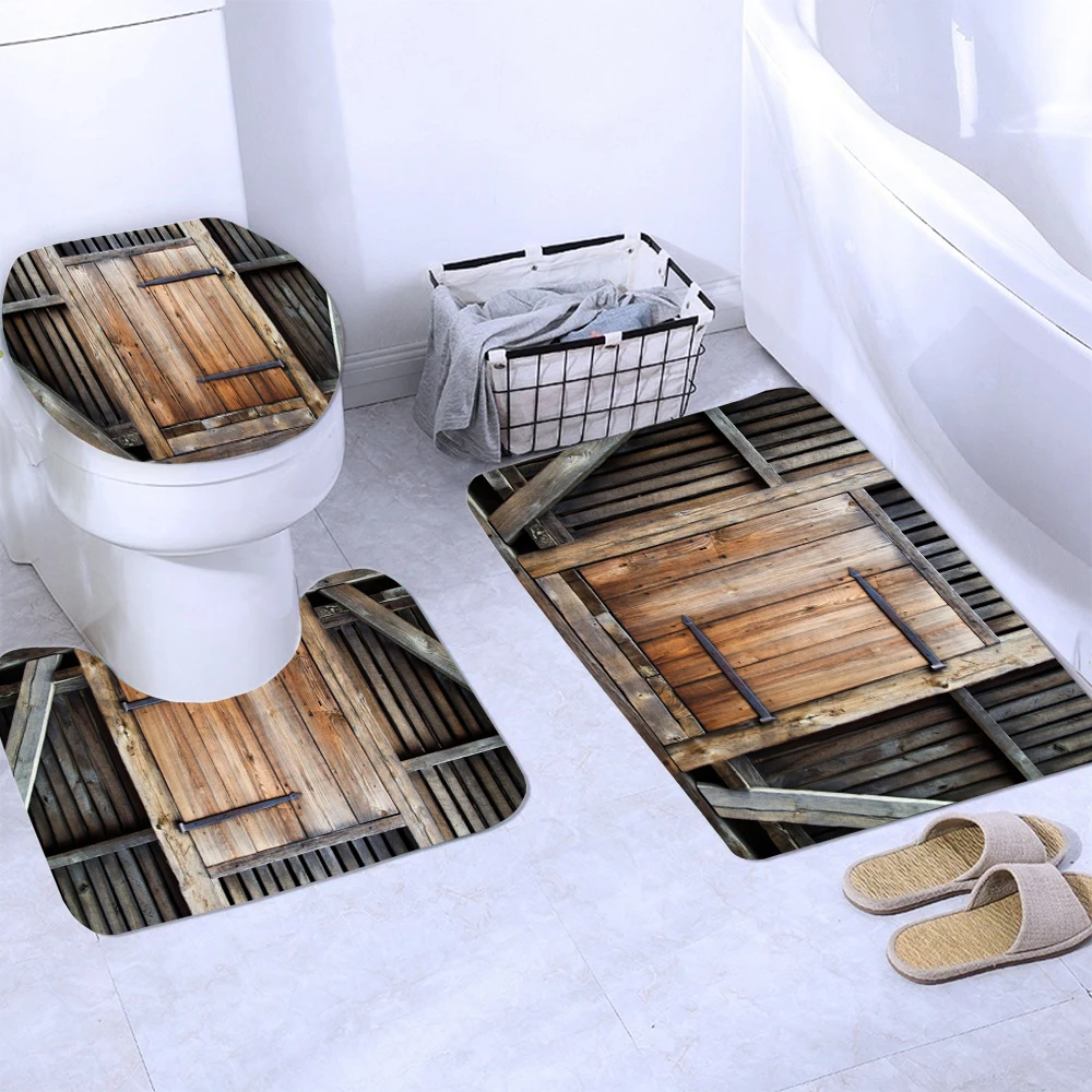 Старинные деревянные двери занавески для душа, покрытие для унитаза, коврик, нескользящий ковер, домашний декор, водонепроницаемый полиэстер, ткань, занавески для ванной комнаты, набор