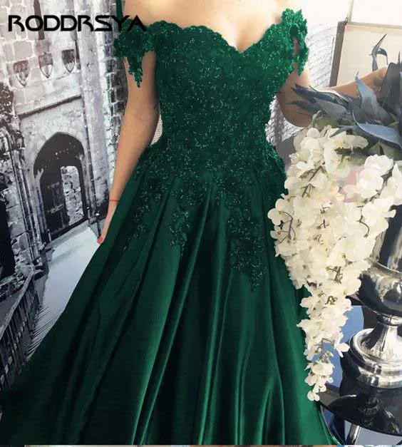 Long Deep Green Off The Shoulder Ball Gown Prom Dress 2021 Sweetheart Neck Lace Appliques Crystal Robe de Soiree Satin Gown princess prom dresses