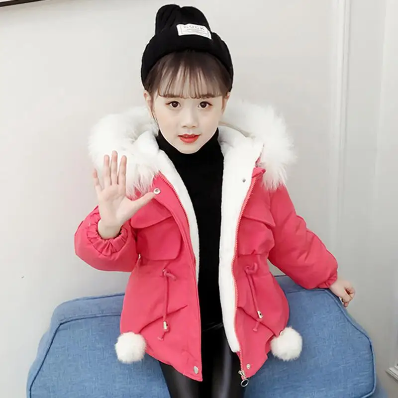 rose red Winter Kids Girls Thickening Faux Fur Collar Cotton Jacket Baby Girls Hooded Casual Warm Outwear Children Padded Parkas K61 - Цвет: rose red