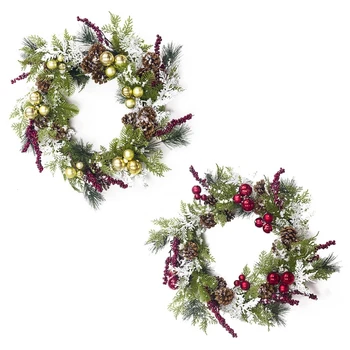 

20 Inch Christmas Artificial Red Berry Pine Cone Leaves Wreath Garland Front Door Window Decoration
