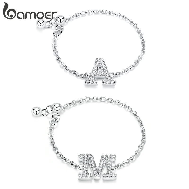 bamoer Authentic 925 Sterling Silver Chain Adjustable Rings Clear CZ Letter Alphabet Finger Ring Name Birthday Jewelry GXR601 | Украшения и